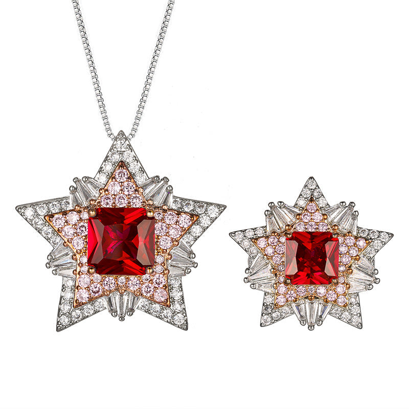 Huayoumei Five Pointed Star Zircon Necklace Ring Set Red Stone Women Jewelry Set For Daily Dating Office Banquet Party Occasions
