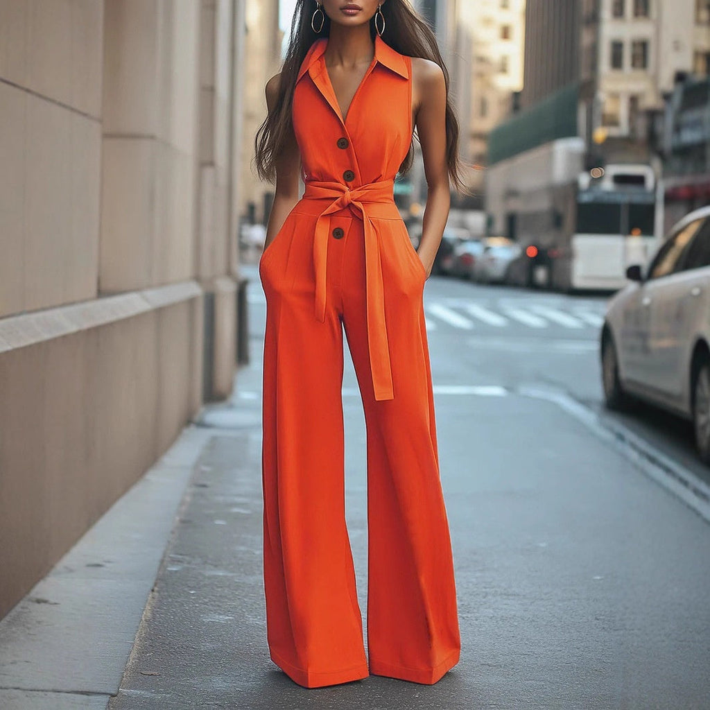 Women's Blouse Collar Solid Color Wide Leg Jumpsuit