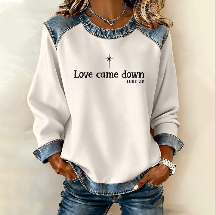 Womens Fashion Crew-Neck Printed Long-Sleeve Pullover Sweatshirt