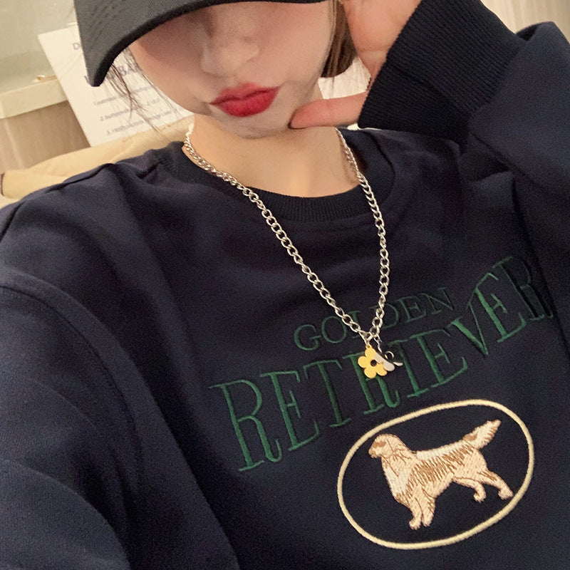 Korean Style Oversize Round-Neck Embroidered Cartoon Long-Sleeve Top