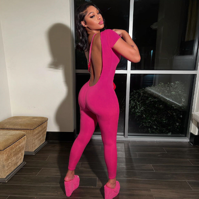 Women's Casual Solid Color Round Neck Backless Skinny One-Piece Trousers
