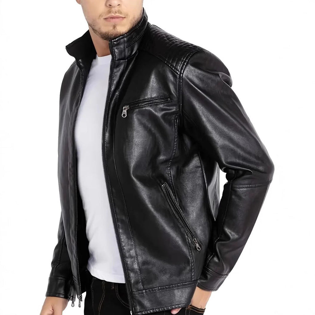 Men's Polyester Stand Collar Punk Motorcycle Leather Jacket