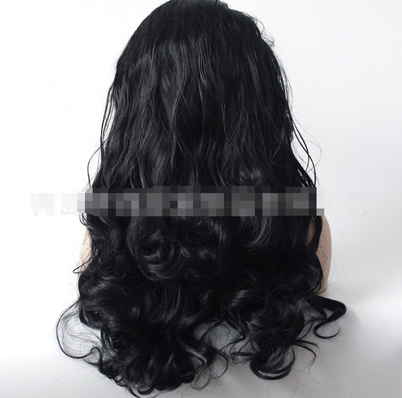 Black big wave wig high-grade chemical fiber front lace head cover