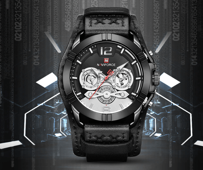 Men's Leather Waterproof Watch With Chronometers And Fluorescent Hands Excellent Design Perfect Gift