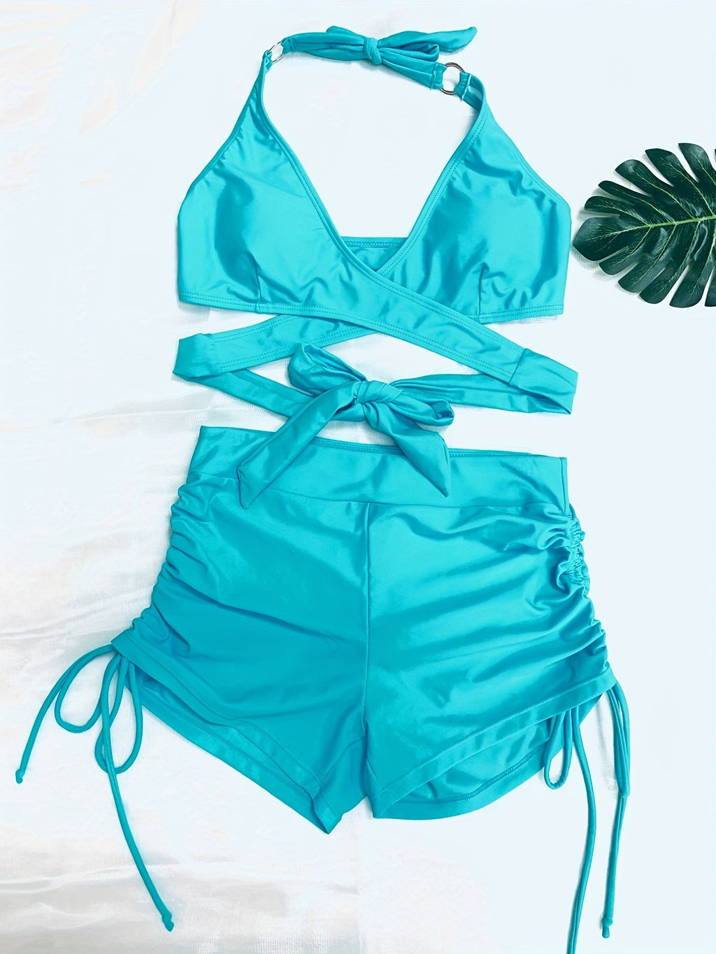 Coastal Curve Halter Bikini Set for Women – V-Neck Crisscross Drawstring Swimsuit with Chic Ring Detail & High-Waisted Boxer Shorts for Summer – Sleek Two-Piece Nylon Swimwear for Women’s Beach & Poolside Style