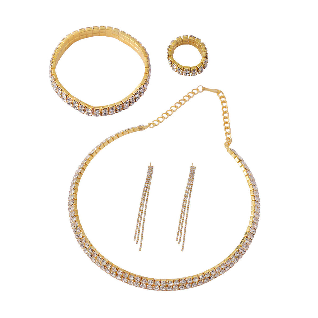 Eco-friendly Zircon Double Layer Choker Tassel Necklace Earrings Ring Bracelet 4Pcs Set Women Jewelry Set For Daily Dating Banquet Party Occasions