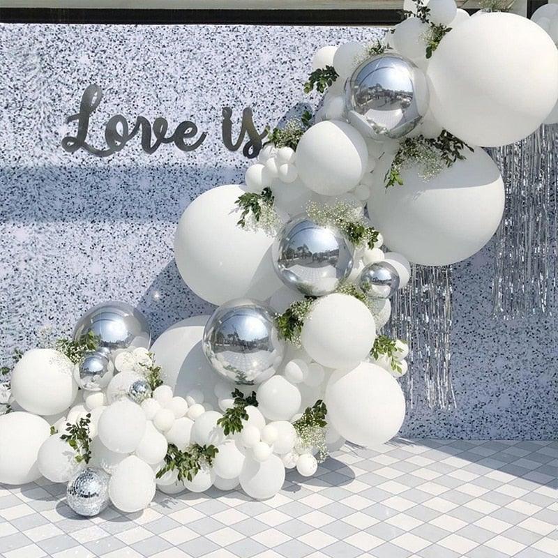 125 pc White Silver Confetti Metallic Balloon Arch Kit For Wedding Birthday Party Decorations Baby Shower Bridal Shower Luxury Birthday Party Wedding Ballons Decoration