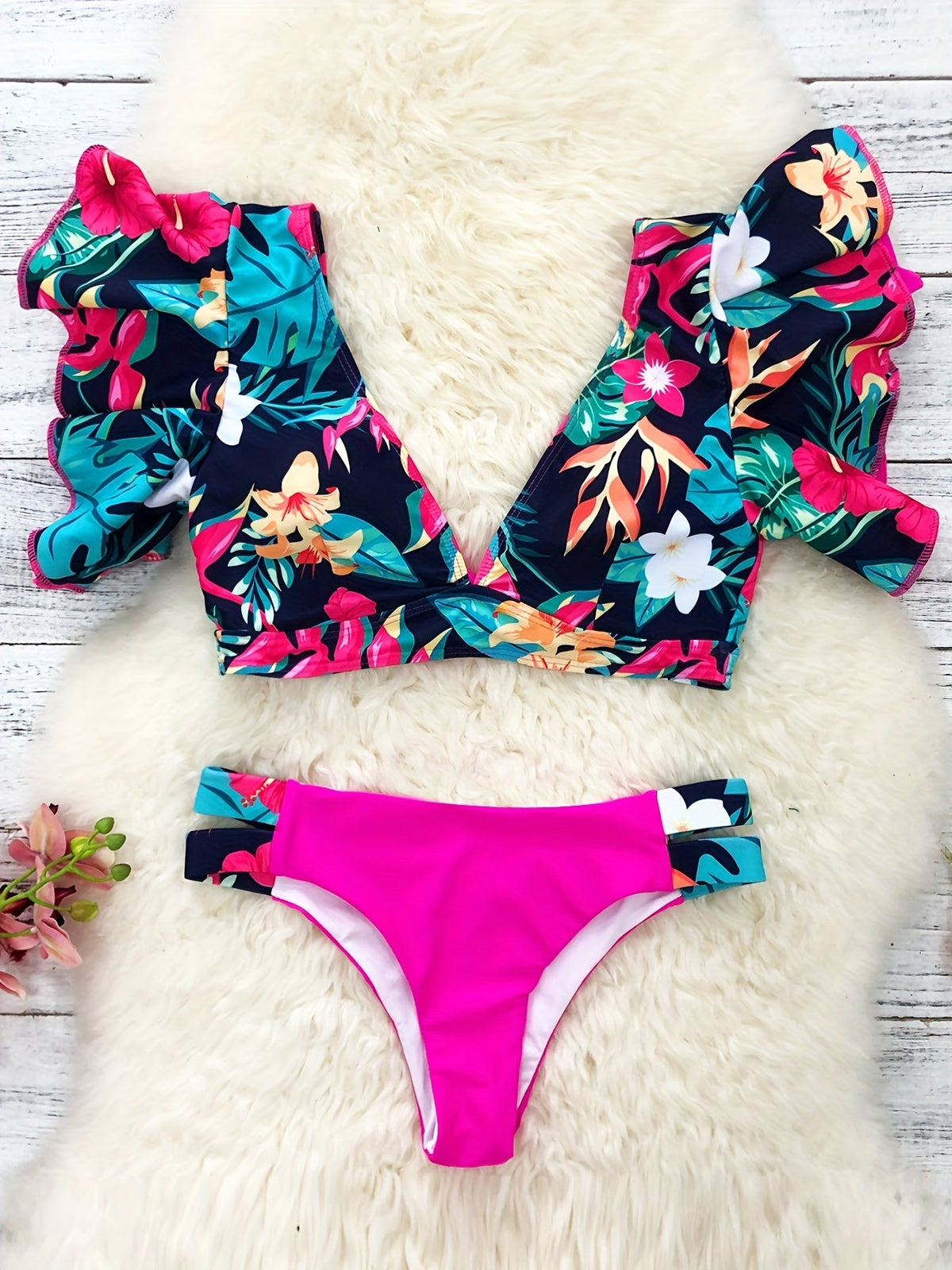 Bloom Day Ruffle Bikini Set – Chic Elegant Plant Print V-Neck Swimsuit with Tie-Back and High-Stretch Ruffle Trim – Women's 2-Piece Swimwear for Poolside Style & King’s Day Celebrations