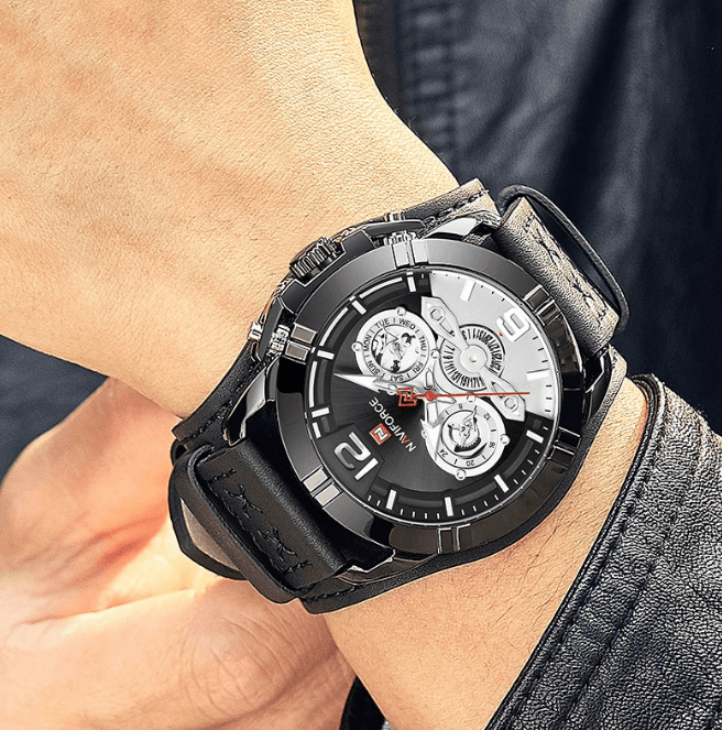 Men's Leather Waterproof Watch With Chronometers And Fluorescent Hands Excellent Design Perfect Gift