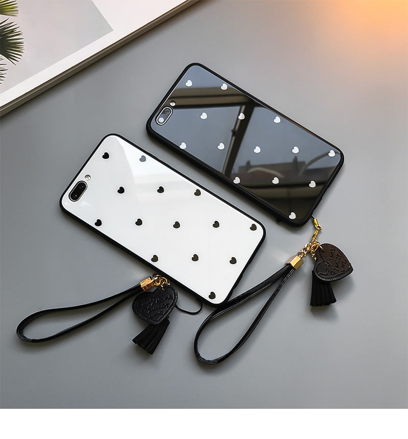 Compatible with Apple , Love Dot Mobile Phone Case With Lanyard Glass Case
