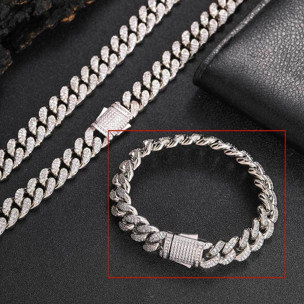 European Hip Hop Ornament 12mm Spring Fastener Double Row Zircon Necklace Bracelet