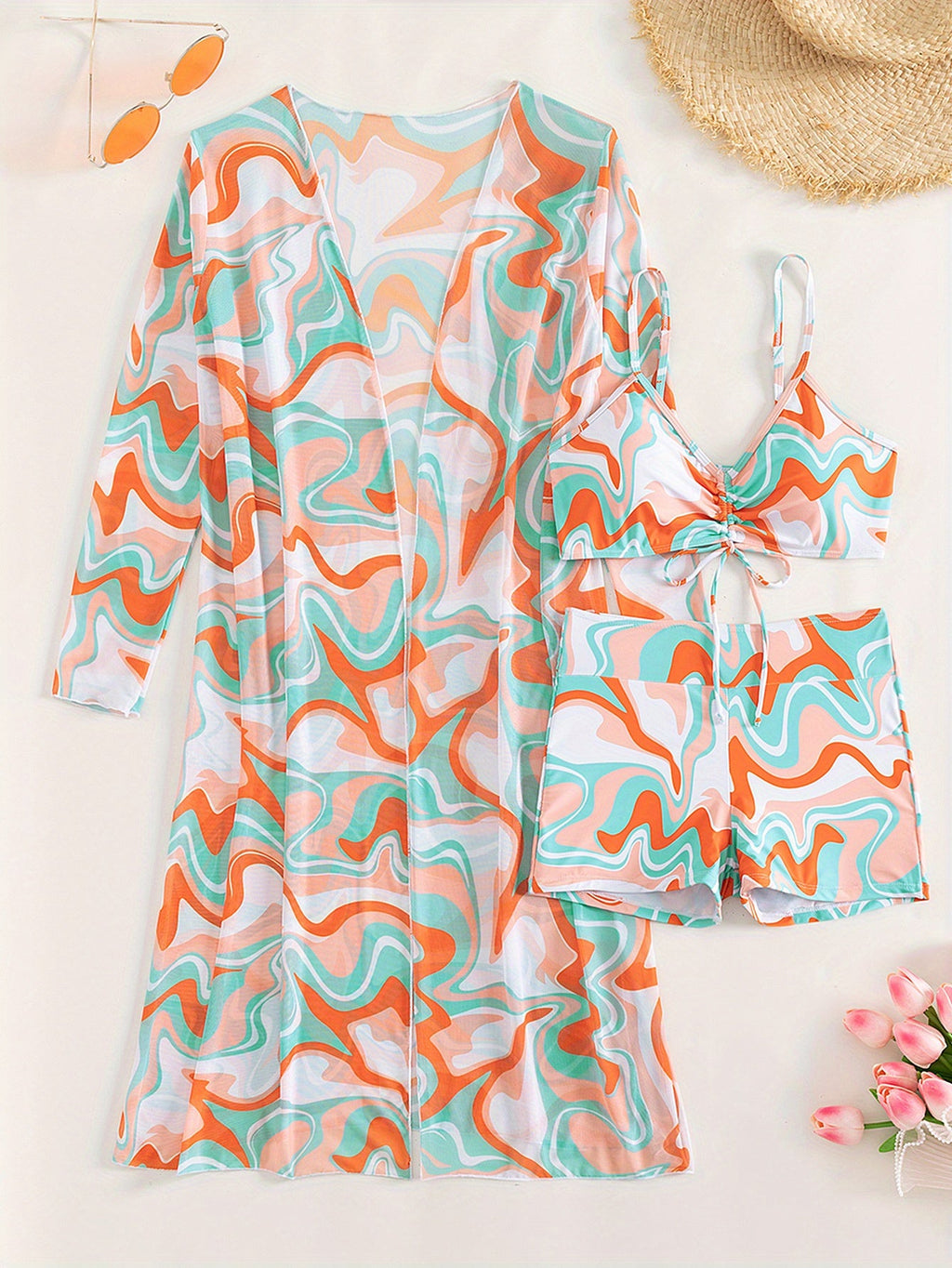 Luxe Lines 3-Piece Geometric Bikini Set for Women – High Rise Drawstring Bikini with Boxer Shorts & Long Sleeve Sheer Kimono Cover-Up – Bold & Breezy Women’s Swimwear for Summer Beach Pool & Getaways