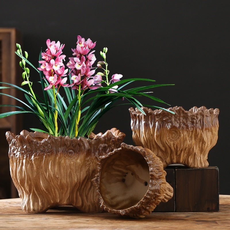 Large Ceramic Flower Pot with Tree Root Design