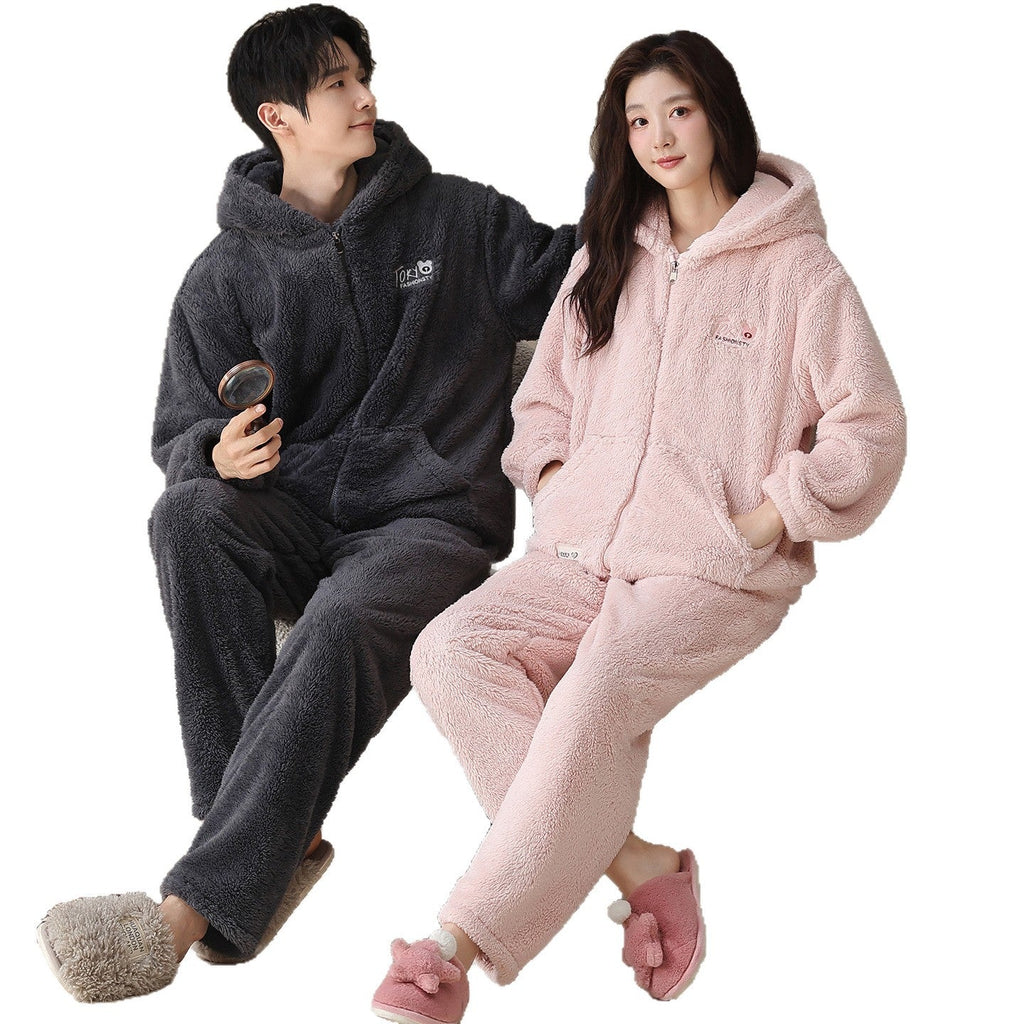 Plush Couple Pajamas Women's Winter Casual Zipper Hooded Outerwear Men's Homewear Suit