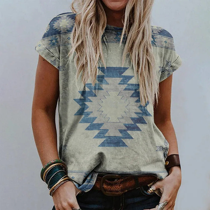 Women's Retro Floral-print Short-sleeve Top