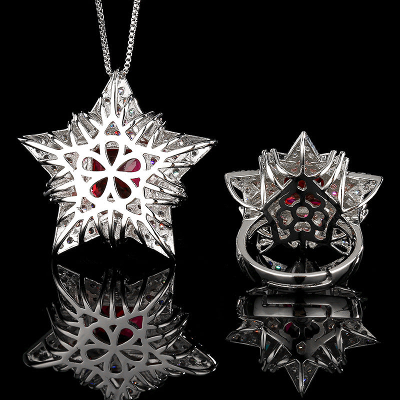 Huayoumei Five Pointed Star Zircon Necklace Ring Set Red Stone Women Jewelry Set For Daily Dating Office Banquet Party Occasions