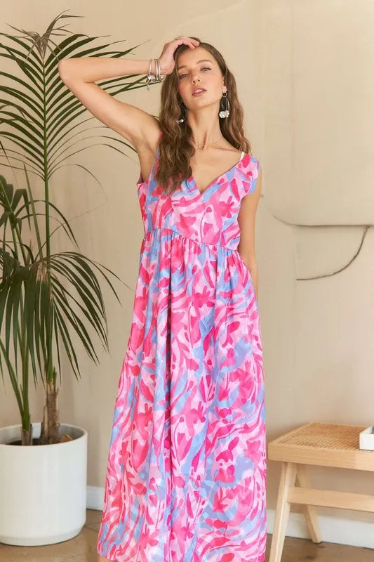New Summer Abstract Floral V-Neck Maxi Dress – Elegant, Artistic Print, Flattering Silhouette, Sophisticated Glamour