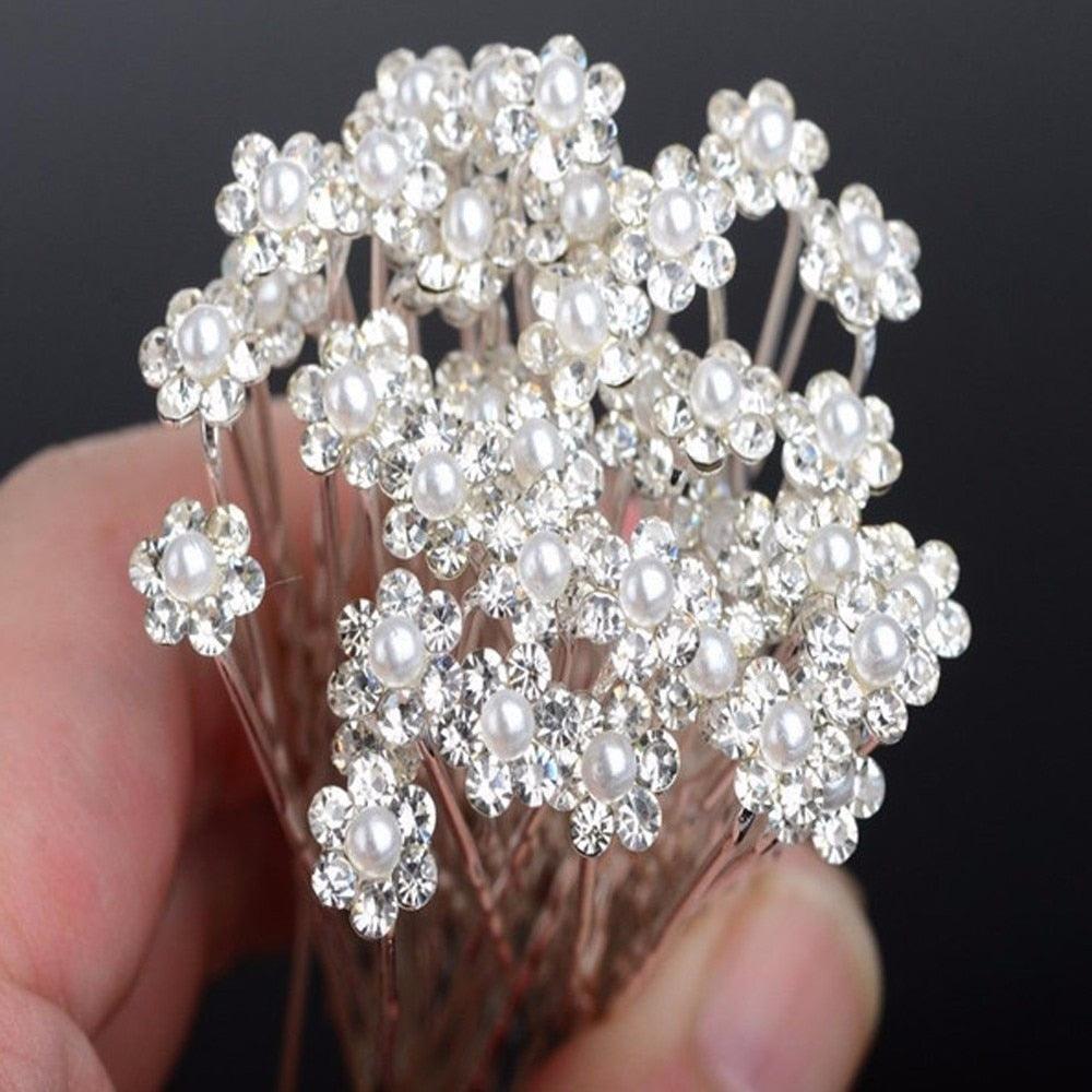20Pcs Fashion Wedding Bridal Pearl Flower Clear Crystal Rhinestone Hair Pins Clips Bridesmaid Hair wear Jewelry Gorgeous Hair Accessories For Women