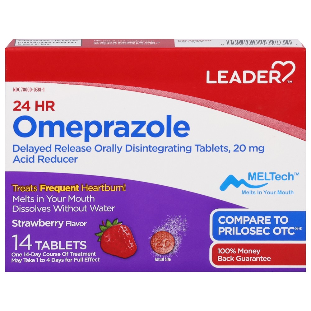 Leader Omeprazole, 20 Mg, Tablets, Strawberry Flavor