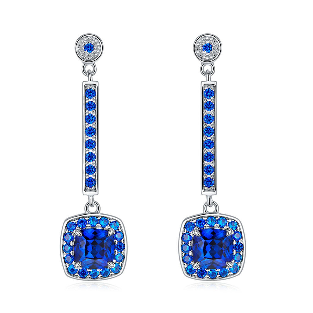 S925 Silver 4.5g Lab-Created Sapphire Drop Earrings, 2ct 6x6mm Cushion, Pair