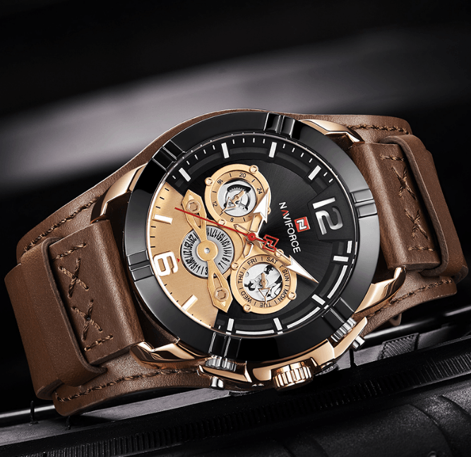 Men's Leather Waterproof Watch With Chronometers And Fluorescent Hands Excellent Design Perfect Gift