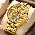 Mens Water-Resistant Mechanical Watch With Hollowed-Out Design And Steel Strap