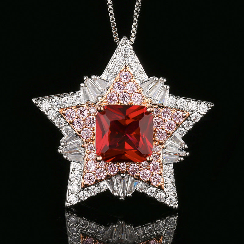 Huayoumei Five Pointed Star Zircon Necklace Ring Set Red Stone Women Jewelry Set For Daily Dating Office Banquet Party Occasions