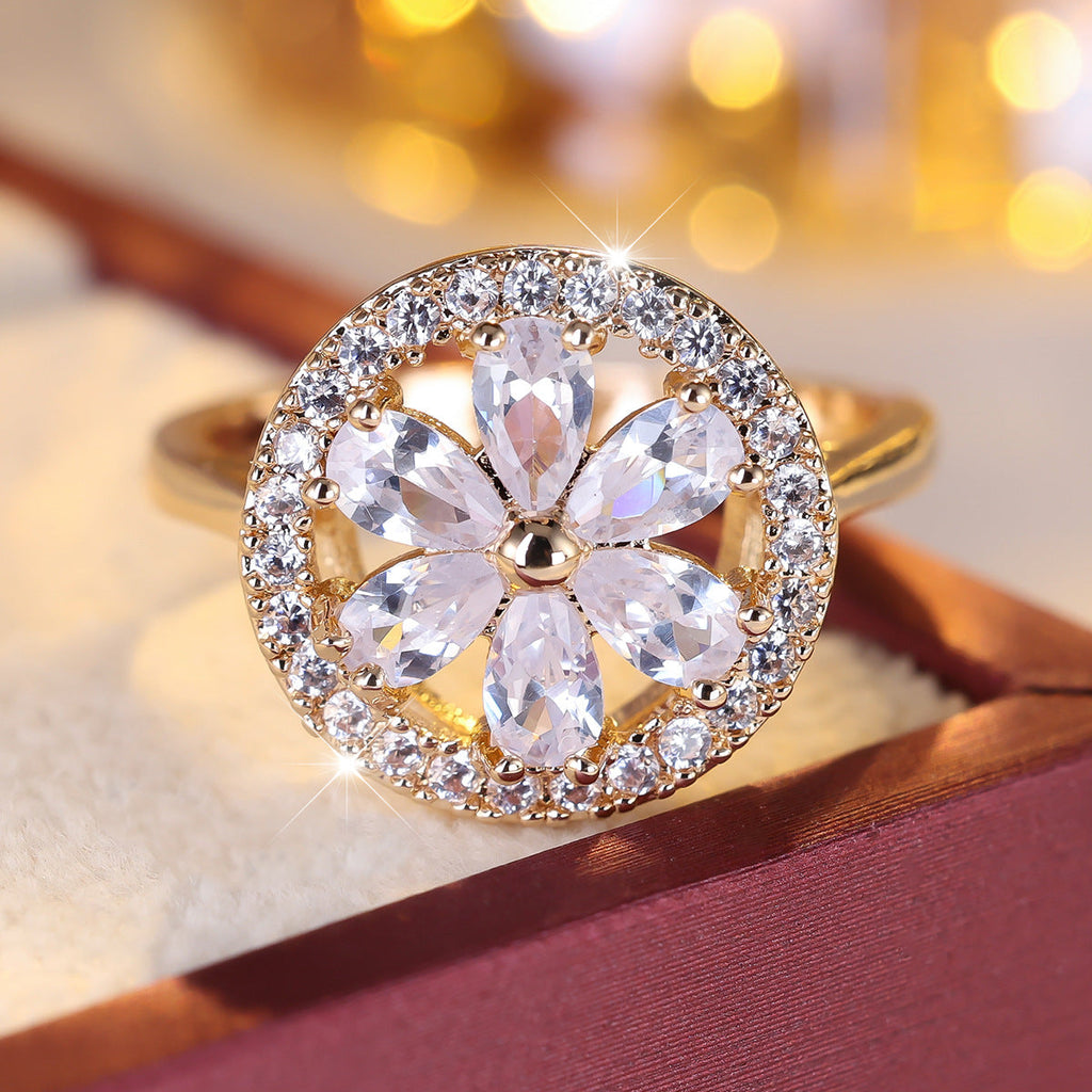Luxury Pave Cubic Zirconia Flower Ring For Women, Minimalist Fashion Versatile Daily Wear Finger Ring