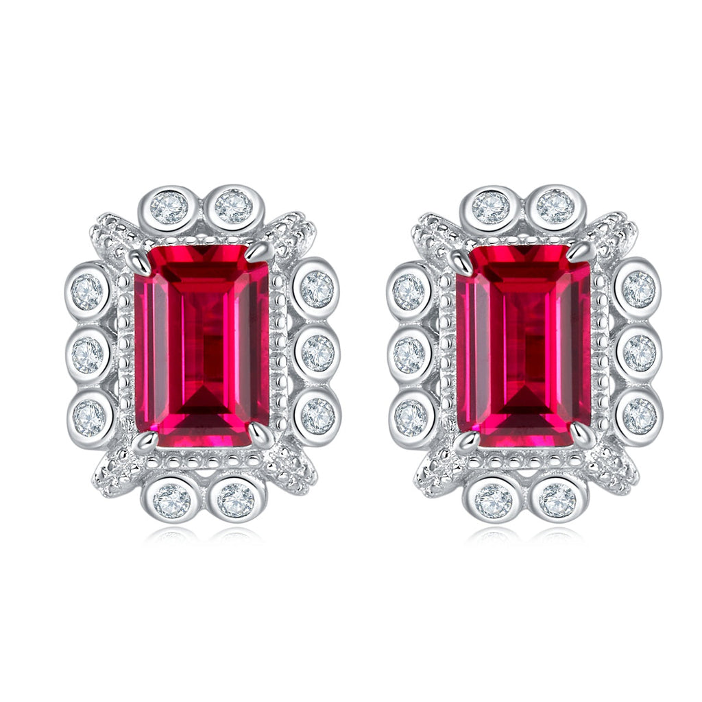 S925 Silver 2.2g Platinum Plated 1.6ct Lab-Created Ruby Stud Earrings, 6x4mm Emerald Cut, Pair