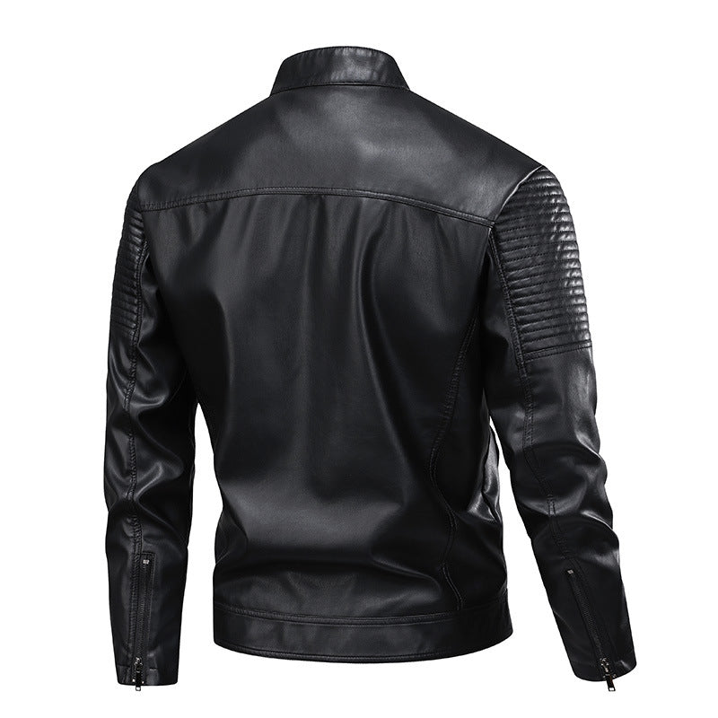 Mens Stand-Up Collar Leather Jacket Slim-Fit Leather Biker Coat For Men