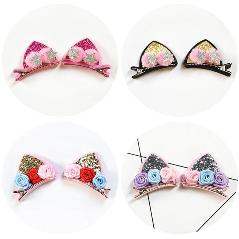 2pcs/Set Cute Hair Clips For Girls Glitter Rainbow Felt Fabric Flowers Hairpins Cat Ears Bunny Barrettes Kids Hair Accessories for Halloween Parties Cosplay for Girls