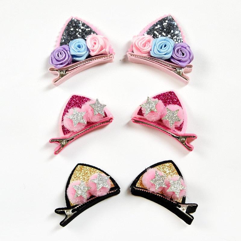 2pcs/Set Cute Hair Clips For Girls Glitter Rainbow Felt Fabric Flowers Hairpins Cat Ears Bunny Barrettes Kids Hair Accessories for Halloween Parties Cosplay for Girls