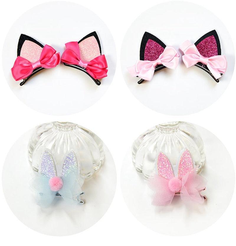 2pcs/Set Cute Hair Clips For Girls Glitter Rainbow Felt Fabric Flowers Hairpins Cat Ears Bunny Barrettes Kids Hair Accessories for Halloween Parties Cosplay for Girls