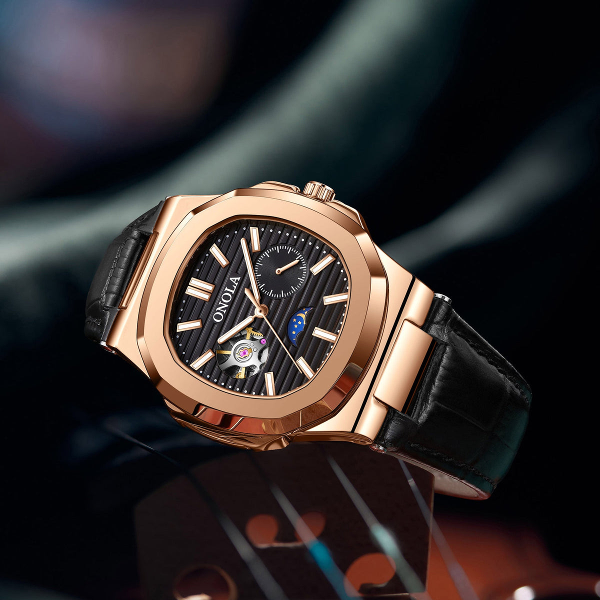 High-Quality Mechanical Watch Sun Moon And Stars Design Waterproof Leather Strap