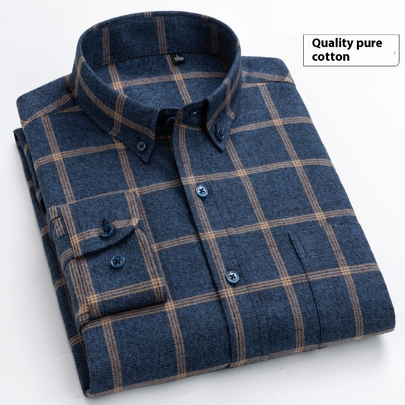 Cotton Brushed Plaid Long Sleeve Business Casual Men's Shirt