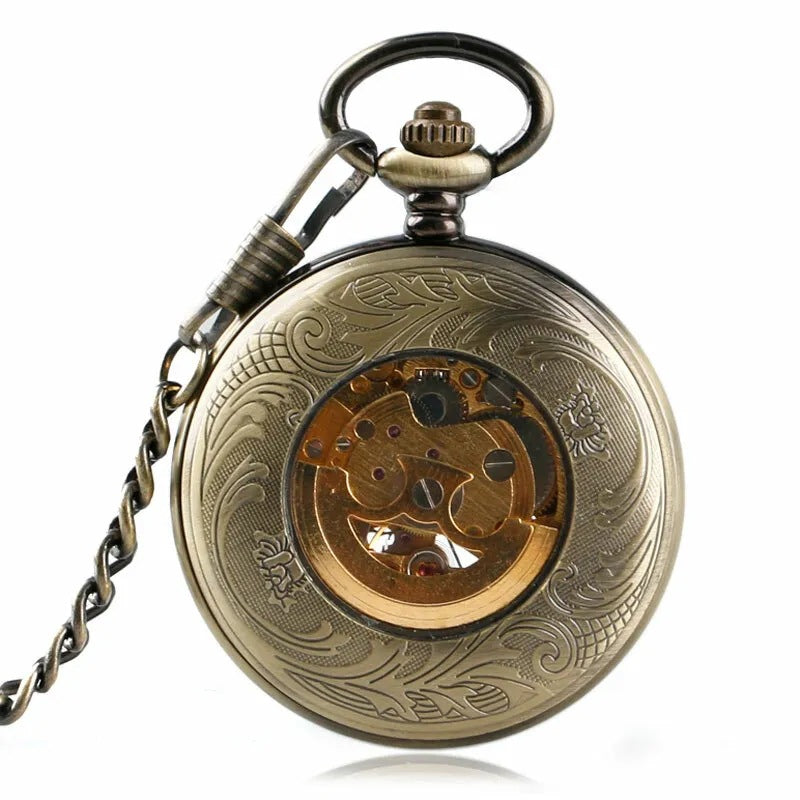 Flip-Open Retro Transparent-Lid Engraved Mechanical Pocket Watch