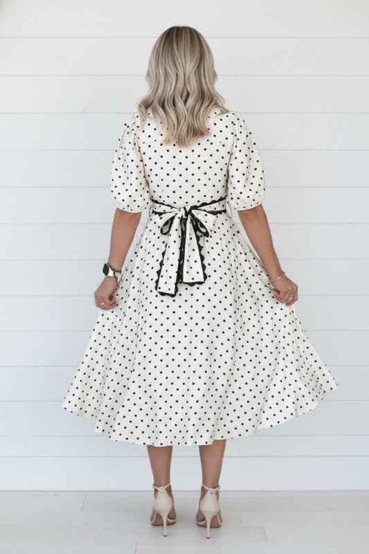 Polka Dot Scallop Trim Button Down Midi Dress