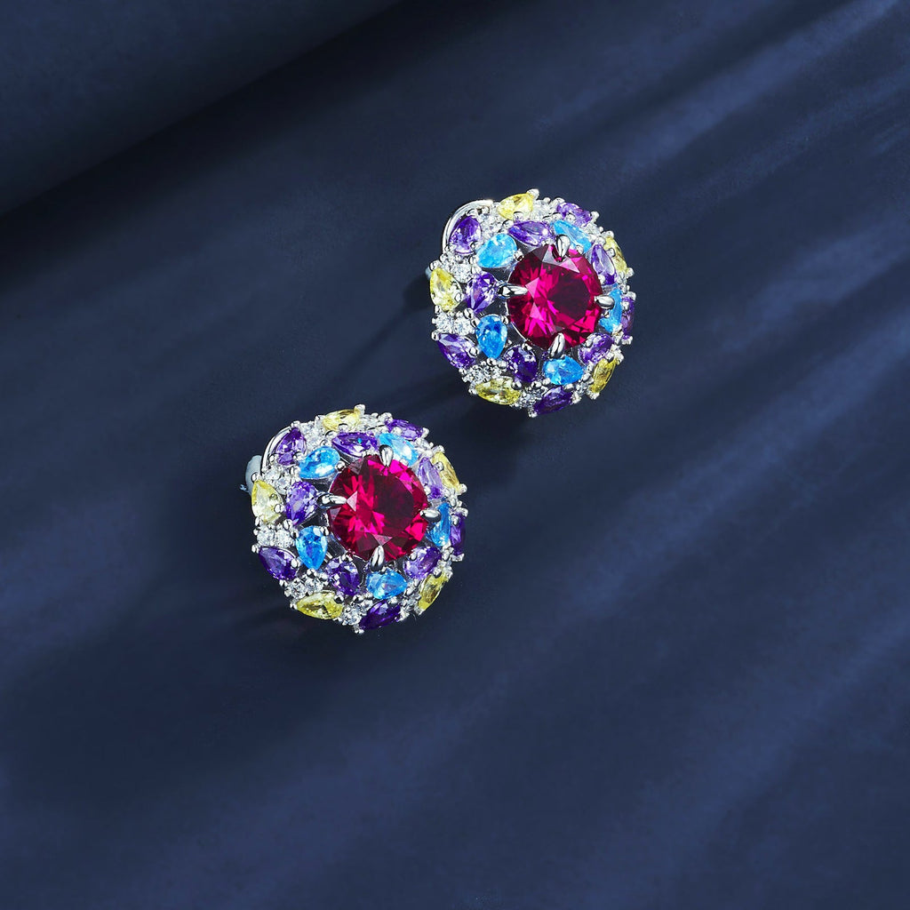 S925 Silver 6.5g 2ct Lab-Created Ruby Earrings, Multicolor Cluster, Pair