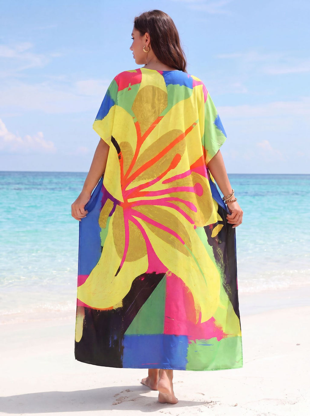 Women Flower Print Kaftan Dresses Plus Size Side Open Loungewear