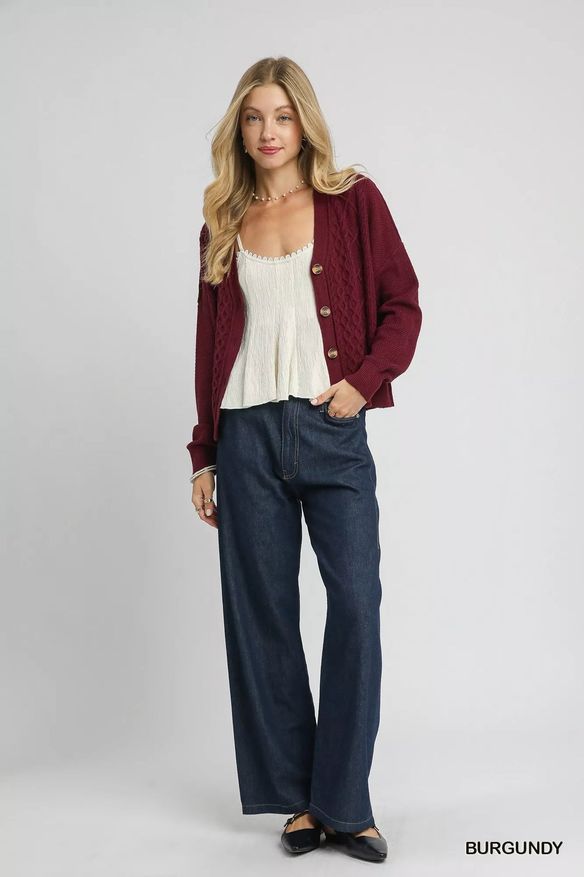 Umgee Chunky Cable Knit V-Neck Button-Up Cardigan
