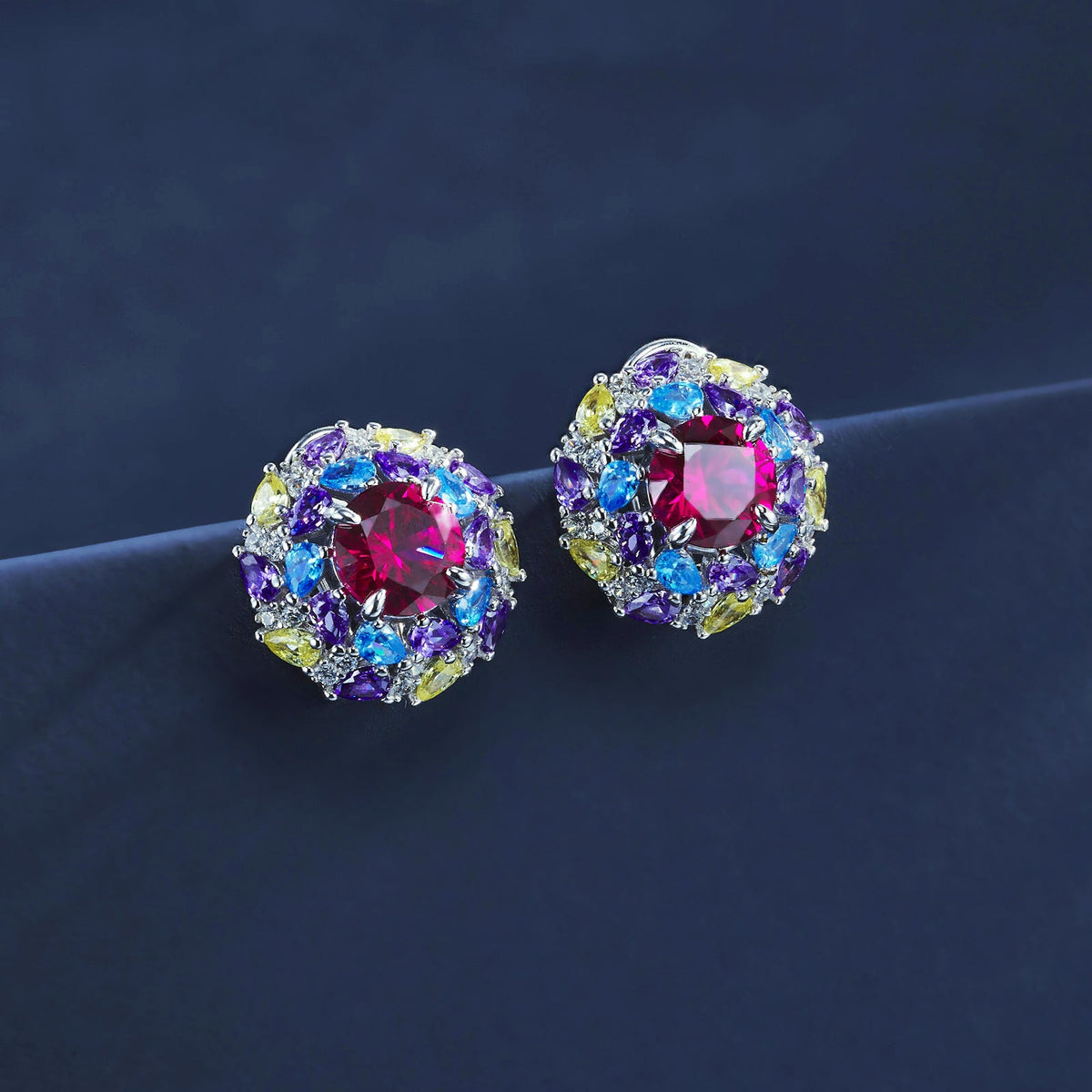 S925 Silver 6.5g 2ct Lab-Created Ruby Earrings, Multicolor Cluster, Pair
