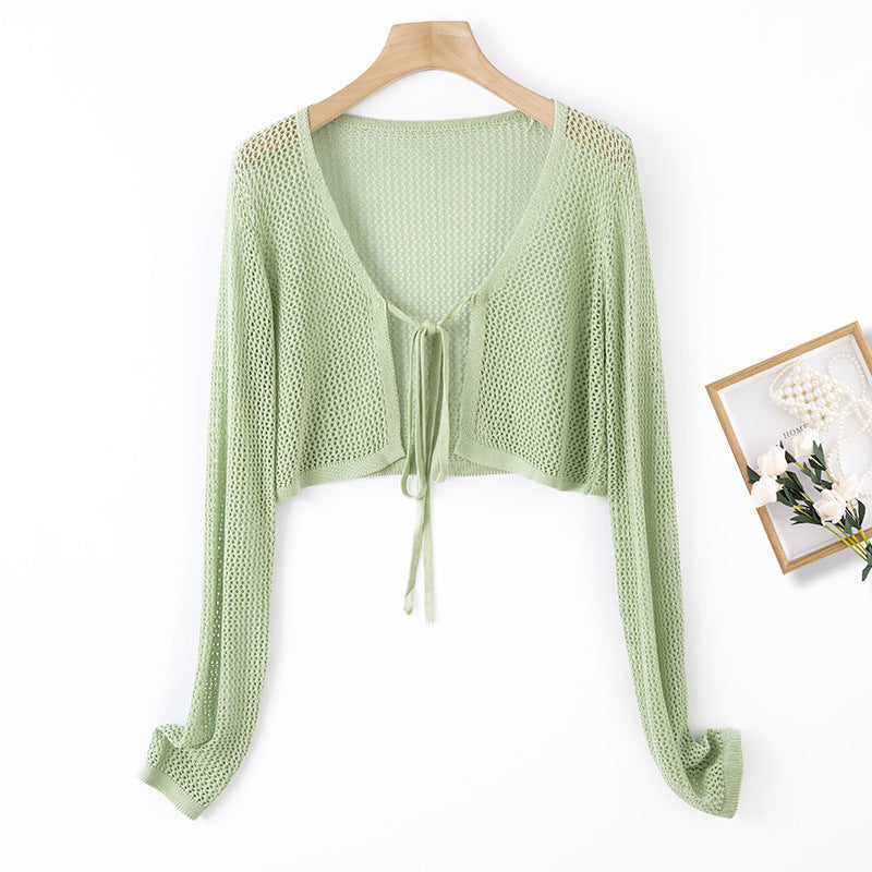 Women's Summer Short Hollow-out Mesh Shirt Ice Silk Shawl Blouse Cardigan