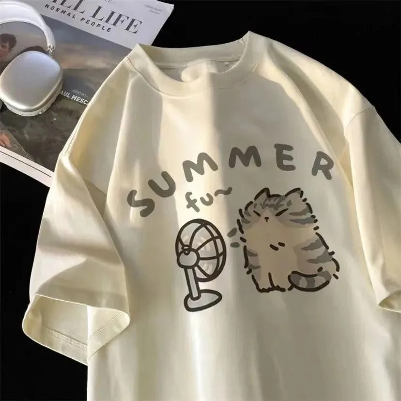 Summer Fan Cat And Women Pure Cotton T-Shirt For Me
