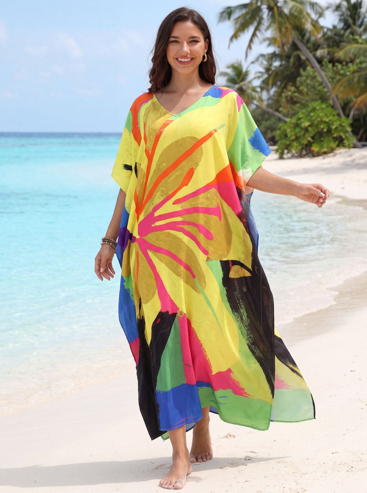 Women Flower Print Kaftan Dresses Plus Size Side Open Loungewear