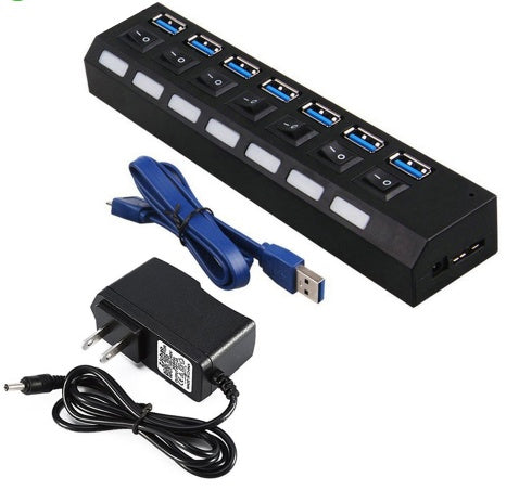 7-Port USB 3.0 External Hub with High-Speed Connectivity and Power Adapter