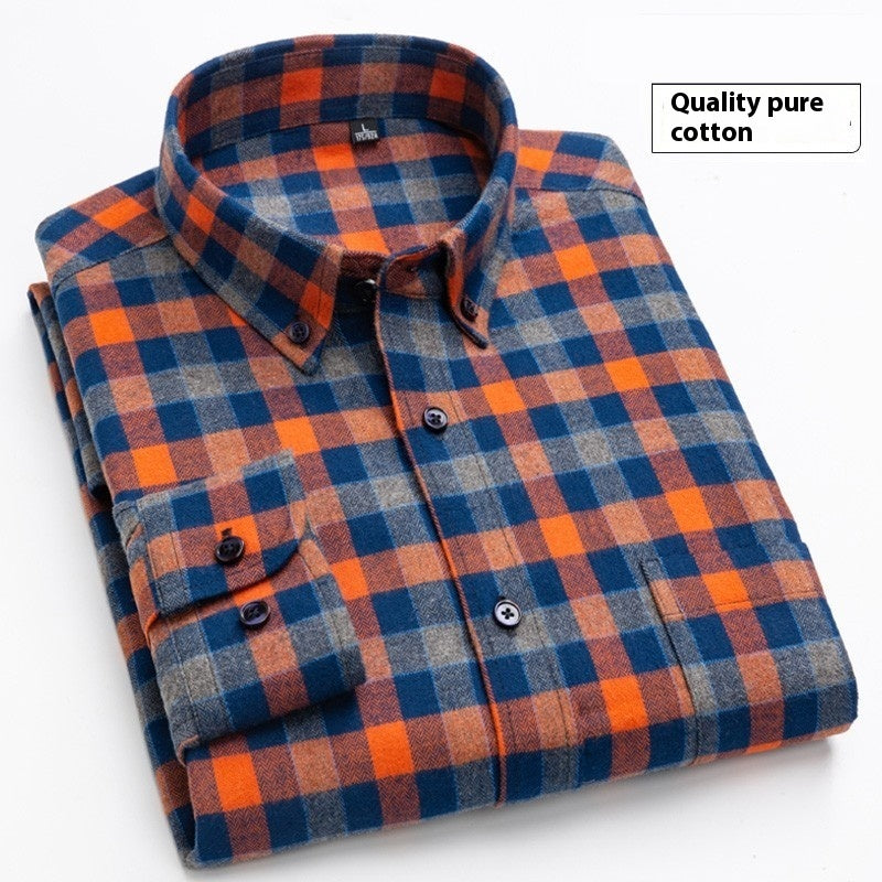 Cotton Brushed Plaid Long Sleeve Business Casual Men's Shirt
