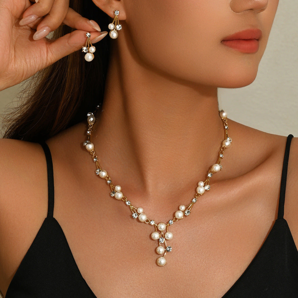 Pearl Necklace Earrings 2Pcs Set Sweater Chain Clavicle Chain Women Jewelry Set For Daily Dating Office Banquet Party Occasions