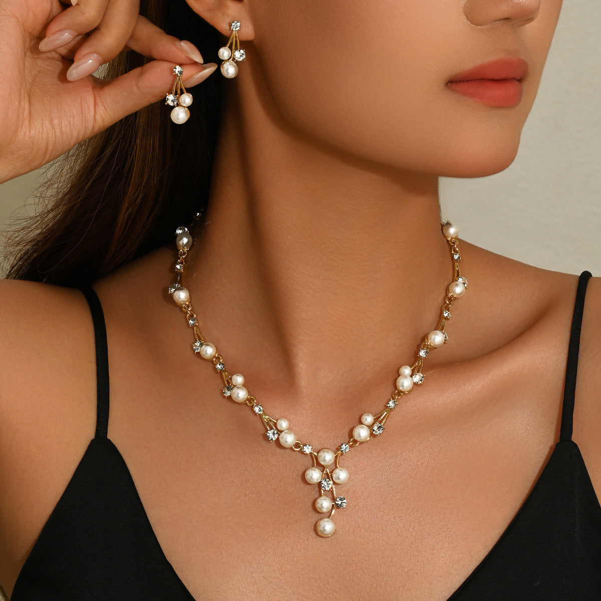 Pearl Necklace Earrings 2Pcs Set Sweater Chain Clavicle Chain Women Jewelry Set For Daily Dating Office Banquet Party Occasions