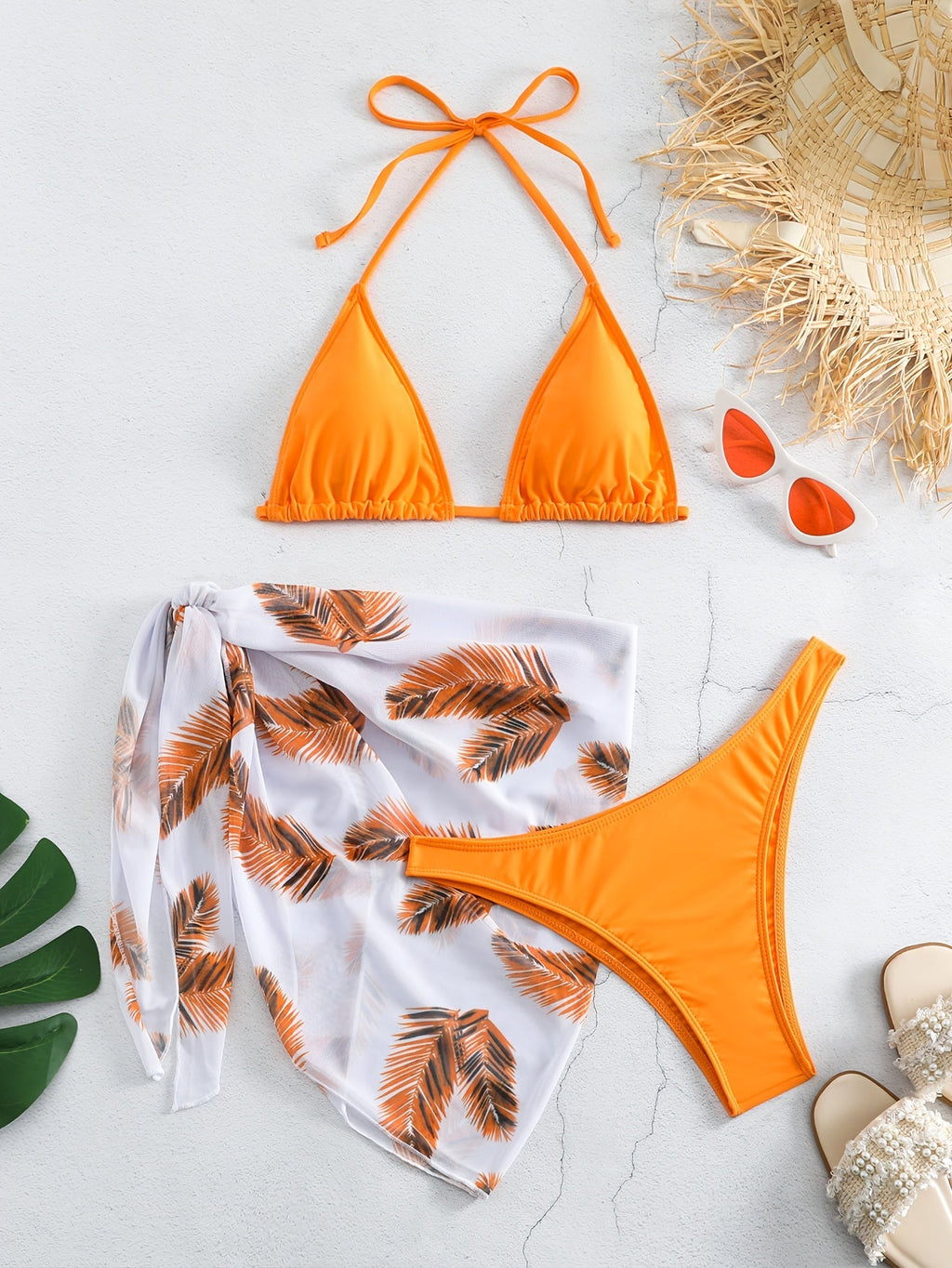 Feather Luxe 3-Piece Bikini Set – Exotic Feather Print Halter Neck Backless Swimsuit with High Cut Tie Back Bottoms and Wrap Cover-Up – Women’s High-Stretch Comfortable Swimwear for Summer Beach & Pool Vacations