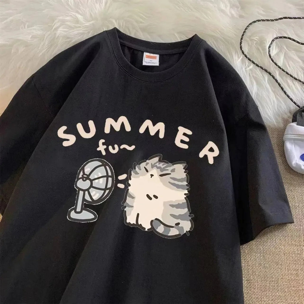 Summer Fan Cat And Women Pure Cotton T-Shirt For Me